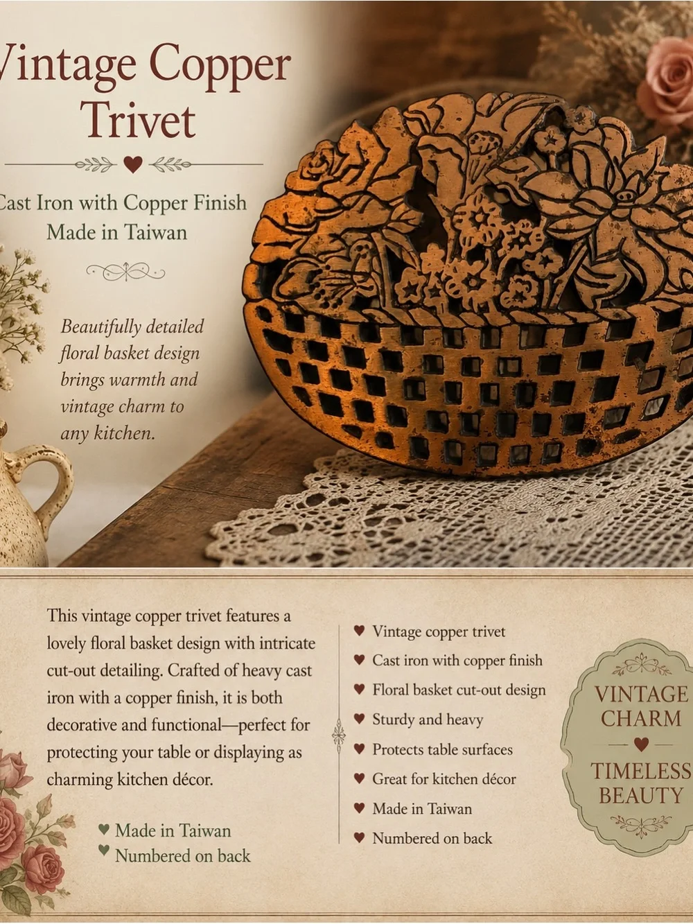 Vintage Copper Floral Basket Trivet